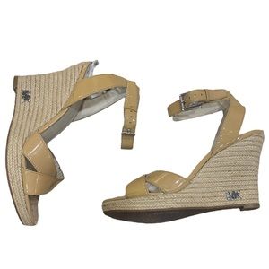 MICHAEL Michael Kors Kami Camel Patent Leather Espadrille Wedge Sandals Size 7.5